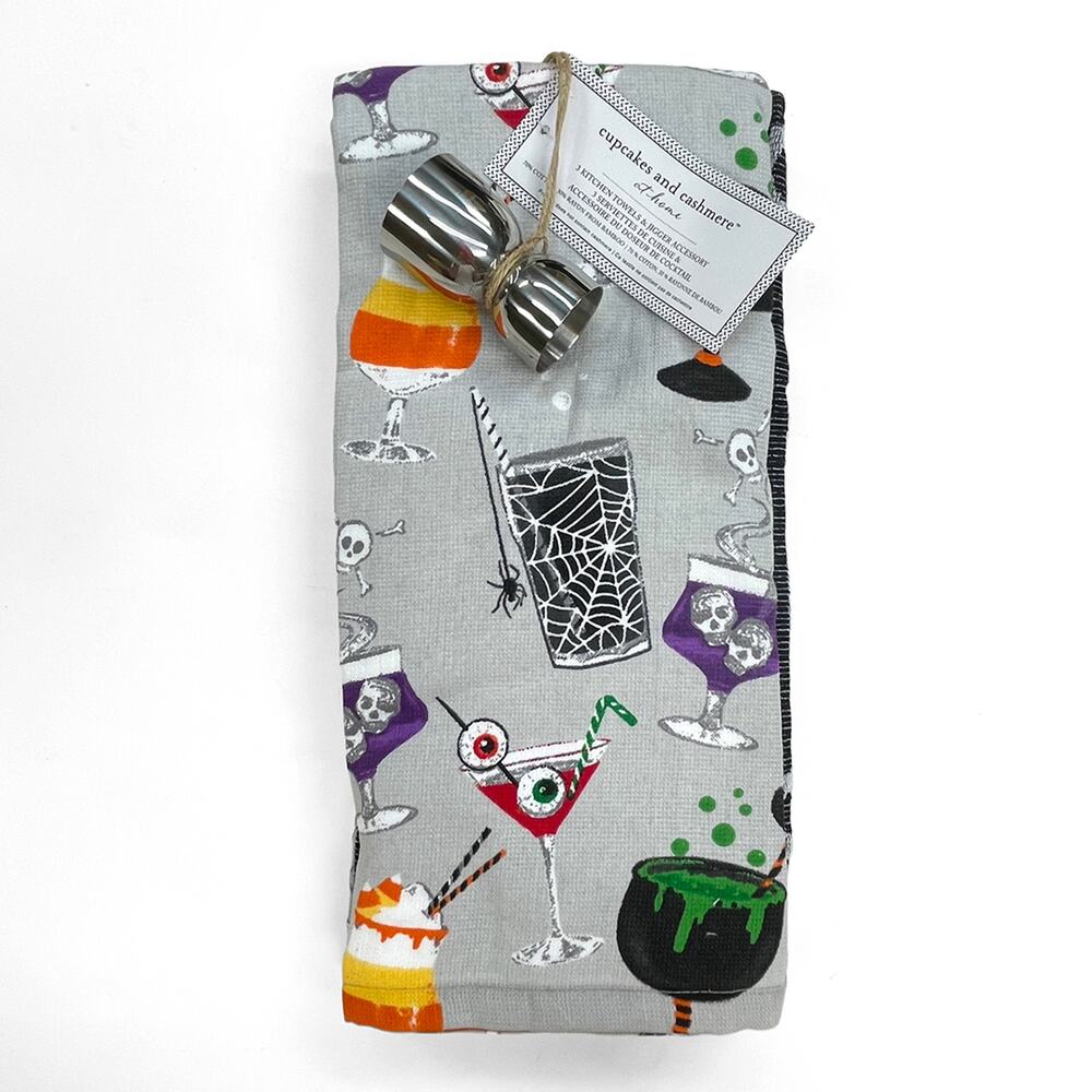 Cupcakes & Cashmere Creepy Cocktail Halloween Kitchen Towels 3-Pc with Jigger